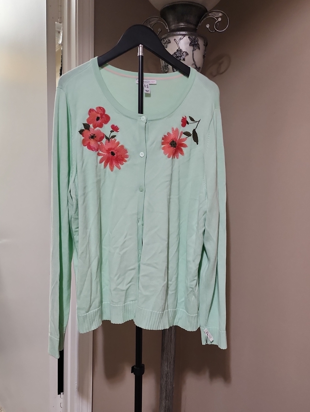 Isaac Mizrahi Mint Green Cardigan with Coral Floral Embroidery